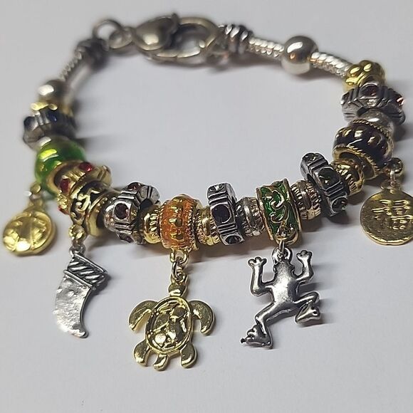 European Style Charm Bracelet Full of Charms Two Stopper Beads Turtle Frog - Picture 3 of 4